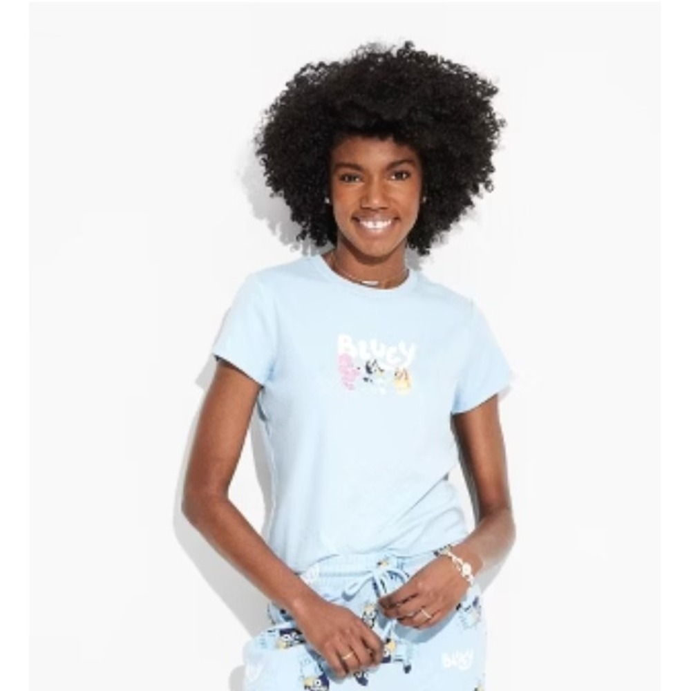 Bluey Womens Graphic Baby T Shirt Light Blue Short Sleeve Crew Neck XL